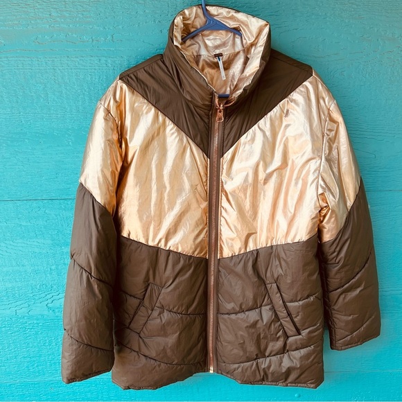 FREE PEOPLE Reversible Puffer Olive Green Metallic Rose Gold OVERSIZED - Picture 3 of 15